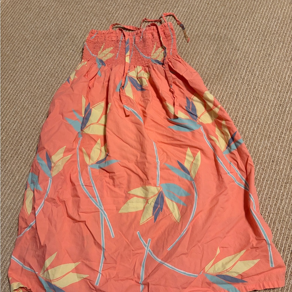 Tea Collection Coral Dress with Yellow & Teal Leaf Print